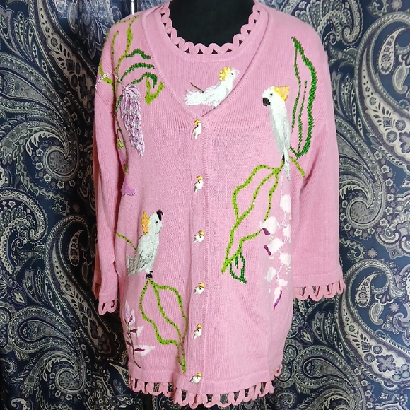 🌸 Vintage Storybook Knits Embroidered Bird and Flower Cardigan Tank Set - Picture 1 of 15